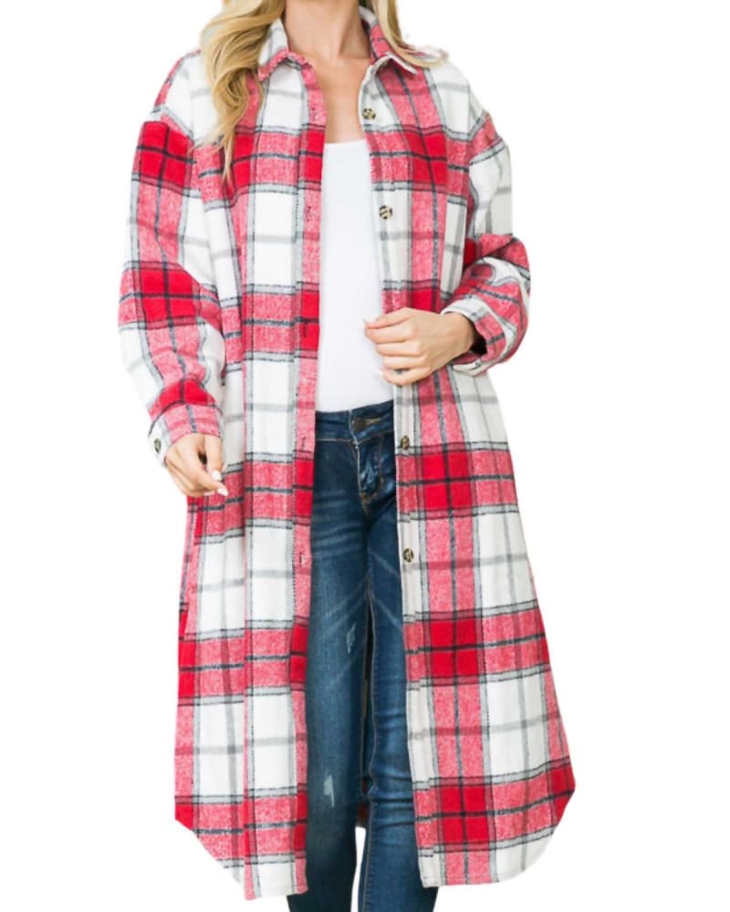 Front of a model wearing a size 3XL Long Plaid Shacket in Red And White in Red And White by ACE TRADING. | dia_product_style_image_id:333684